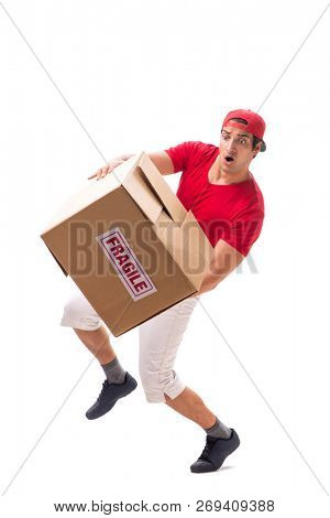 Handsome contractor holding fragile box isolated on white 