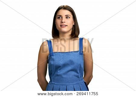 Portrait Of Pretty Girl Looking Aside. Happy Smiling Girl Looking Aside With Excitement, Isolated On