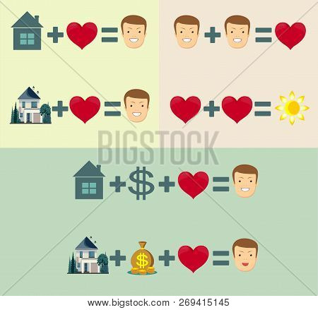 Love, Home And Money Concept - Equal Happiness. Stock Flat Vector Illustration.