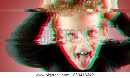 Loseup Of Young Boy In Black Shirt And Black Hat With Anry And Frenzy Expression Of His Face With Di