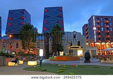 Tallinn, Estonia - August 29, 2018: Modern Architecture And Hotel Metropol In Rotermann Quarter In T