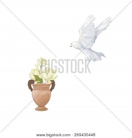 Pigeon Clip Art Digital Drawing Watercolor Bird Fly Flowers And Vase Magnolia Illustration Similar O