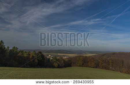 Meadows And Forest Over Pitin Town In Moravia Region Near Slovakia Border
