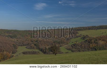 Meadows And Forest Over Pitin Town In Moravia Region Near Slovakia Border