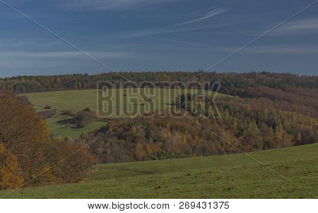Meadows And Forest Over Pitin Town In Moravia Region Near Slovakia Border