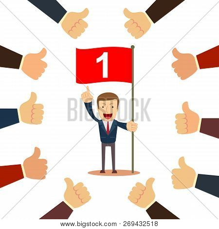 Many Hands Congratulate A Winner With Thumbs Up Sign. Stock Flat Vector Illustration.