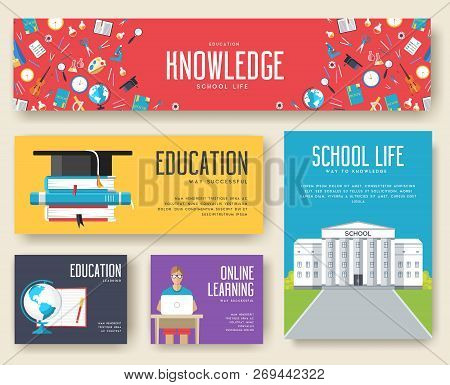 Back To School Information Cards Set. Student Template Of Flyear, Magazines, Posters, Book Cover, Ba