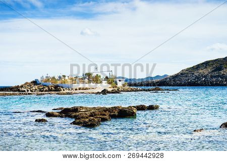 Agios Fokas Region Of Monemvasia. Greek Coastline With Small Cemetery On Sea Shore, Maleas Peninsula
