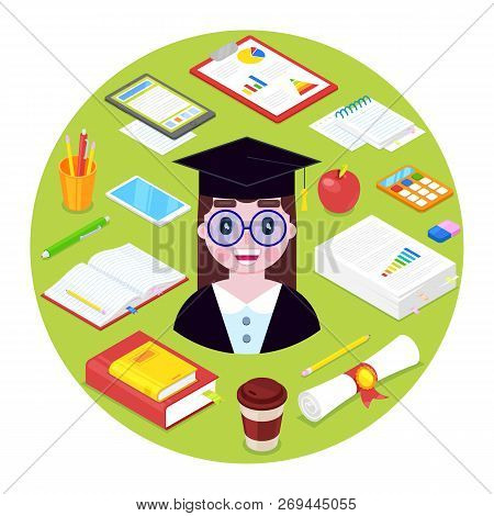 Student Girl And Stationary On Green Background.vector Illustration.