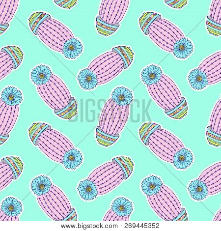 Seamless Pattern With Colorful Hand Drawn Cactuses On Mint Background.vector Illustration.