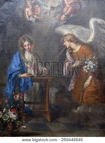 WURZBURG, GERMANY - JULY O4, 2018: The painting is of the Annunciation by Oswald Onghers in Wurzburg Cathedral dedicated to Saint Kilian, Bavaria, Germany