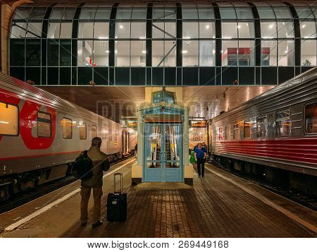 Rostov-on-don, Russia - Circa November 2018 : Railways Station Of Rzd In Rostov-on-don At Night, Pas