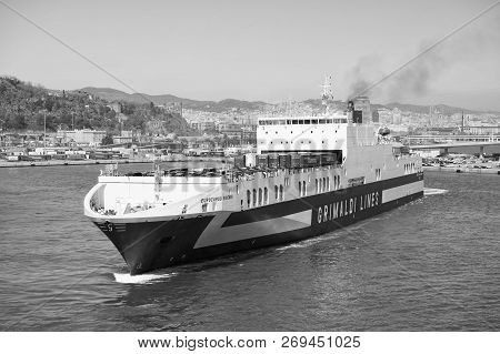 Barcelona, Spain - March 30, 2016: Ferry Ship Grimaldi Lines In Sea. Ferry Trip. Travelling By Sea O