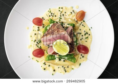 Fresh Seared Tuna Steak With Creamy Mustard And Kampot Pepper Sauce