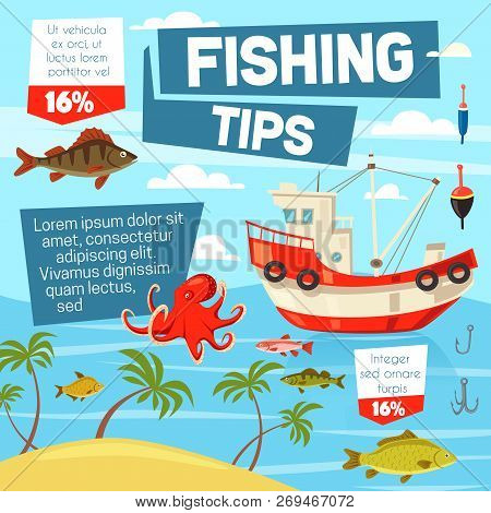 Fishing Sport Tips, Fishers Boat And Octopus, Carp And Perch, Salmon And Trout Fish. Hooks And Baits