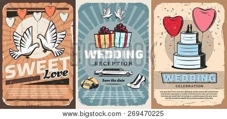 Marriage Or Wedding Ceremony Invitation With Dove, Gifts And Cake. Vector Pigeons And Heart-shaped B