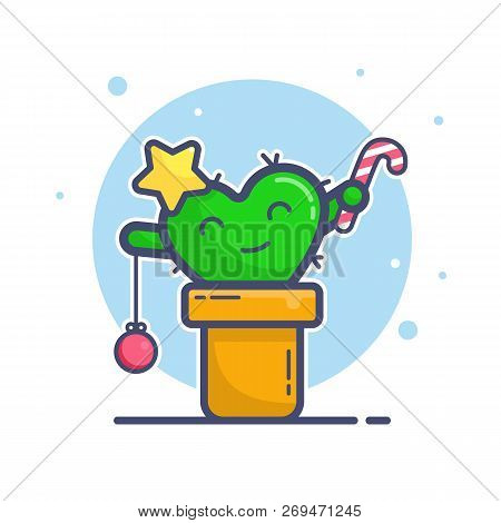 Merry Christmas Day Greeting Card With Text Mey All Your Dreams Come True. Cute Little Cactus Charac