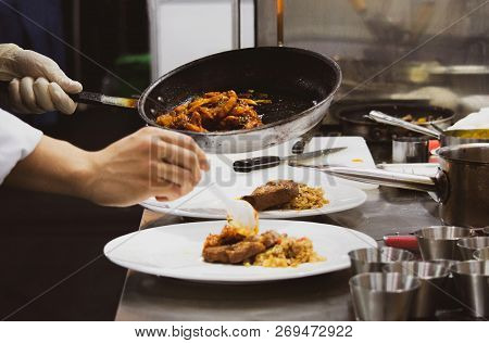 Chef Preparing Food, Meal, In The Kitchen, Chef Cooking, Chef Decorating Dish, Closeup, .chef Prepar