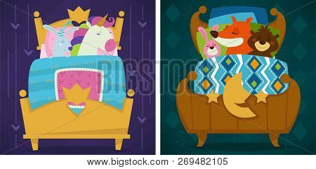 Animals Sleeping In Bed Fairytale Pets Asleep Set Vector.
