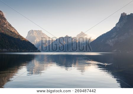 Traunsee Lake In Alps Mountains; Austria. Autumn Landscape