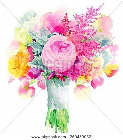 Wedding Bouquet Flowers Watercolor Valentine Day Card