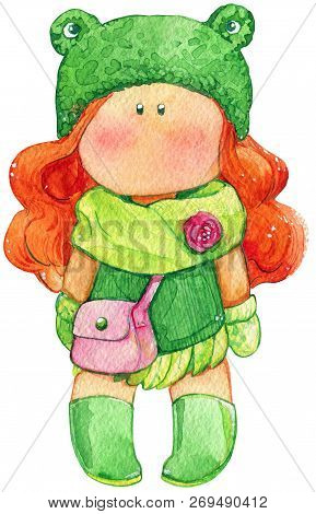 Watercolor Illustration: A Doll Of A Tilda With Pink Hair In Green Clothes And A Hat.