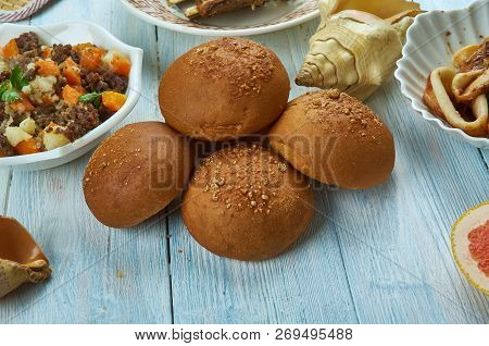 Pandesal,  Common Bread Roll , Filipino Cuisine, Traditional Assorted Dishes, Top View.
