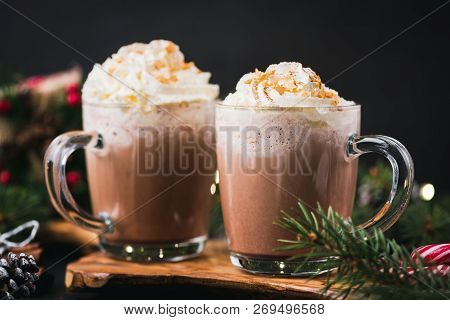 Christmas Hot Chocolate With Whipped Cream In Mug. Decorated With Golden Sugar Stars. Festive Christ