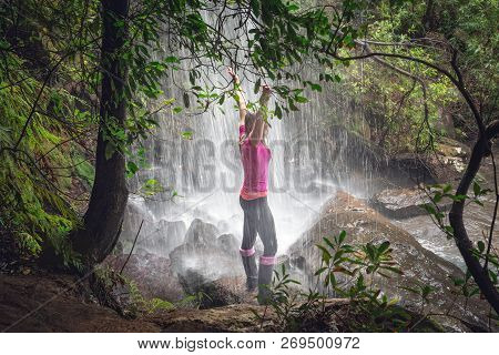 Standing In The Waterfall In Australian Bushland Near Sydney. Its Nice To Smell The Ozone And Feel T
