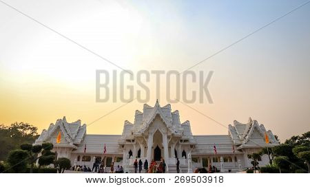 Lumbini, Nepal - November 10 2018: People And Tourists Admiring Rotal Thai Monastery Of Lumbini.