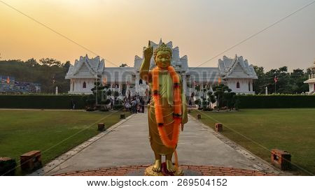Lumbini, Nepal - November 10 2018: People And Tourists Admiring Rotal Thai Monastery Of Lumbini. Gau