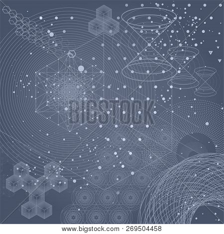 Sacred Geometry Symbols And Elements Background. Cosmic Universe Big Bang Alchemy Religion Philosoph