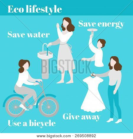 Eco Lifestyle. Save Water And Energy. Evironment Care, Ecology Protection. Second Hand, Charity And 