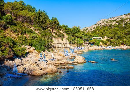 Ladiko Beach And Anthony Quinn Bay Aerial Panoramic View In Rhodes Island In Greece
