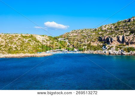 Ladiko Beach And Anthony Quinn Bay Aerial Panoramic View In Rhodes Island In Greece