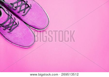Pink Boots On Pink Background. Copyspace, Flat Lay. Traveling Boots, Minimalist Style. Pink Photofil