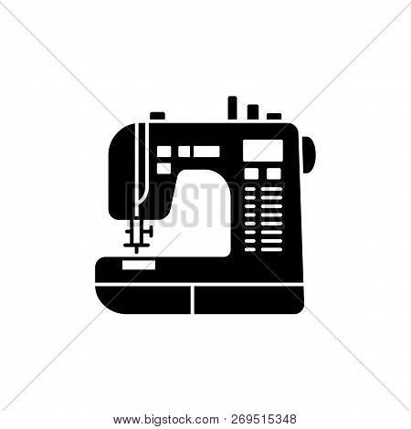 Black & White Vector Illustration Of Sewing Machine. Flat Icon Of Modern Computerized Tool For Patch