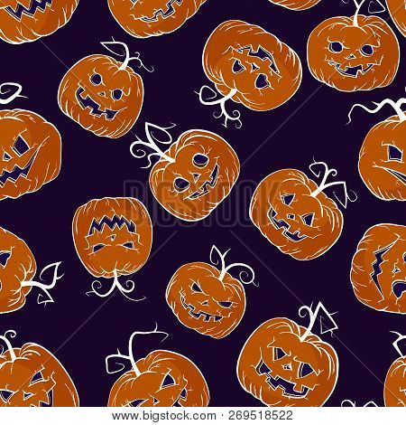 Vector Halloween Seamless Pattern With Pumpkins. In Dark Purple And Orange Colors.
