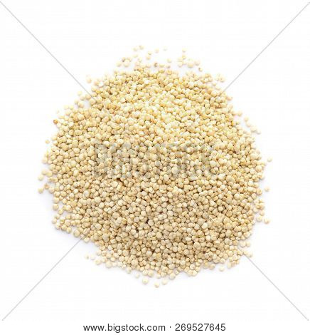 Pile Of Raw Quinoa On White Background, Top View