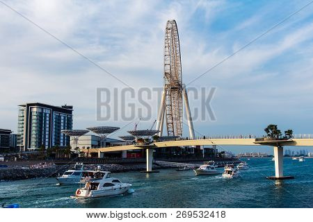 Dubai, United Arab Emirates - November 16, 2018: Ain Dubai Ferris Wheel And Bluewaters Island Newly 