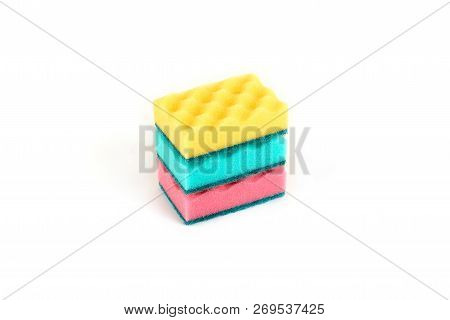 Group Of Kitchen Sponges Isolated On The White Background.