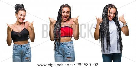 Collage of beautiful braided hair african american woman with birth mark over isolated background success sign doing positive gesture with hand, thumbs up smiling and happy. Looking at the camera