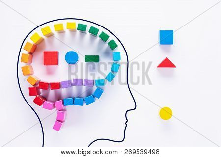 Human Head With Abstract Colorful Human Brain, Creative Concept. Iq Test, Logical Tasks. Top View, F