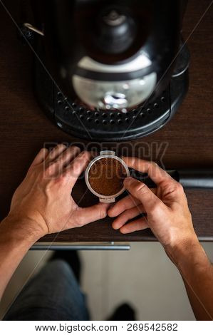 Photo Of Coffee Maker, Man Hand Pouring Coffee In Kitchen