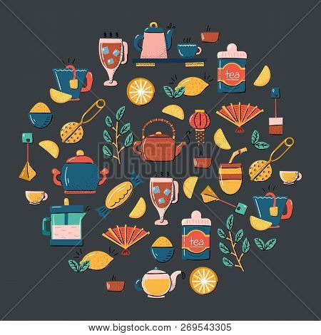 Vector Cartoon Illustration With Tea Ceremony Set: Cup, Teapot, Lemon, Tea Bags, Herbs, Sweets, Mate