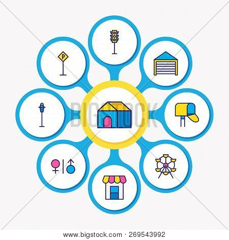 Vector Illustration Of 9  Icons Colored Line. Editable Set Of Garage, Post Box, Street Light And Oth