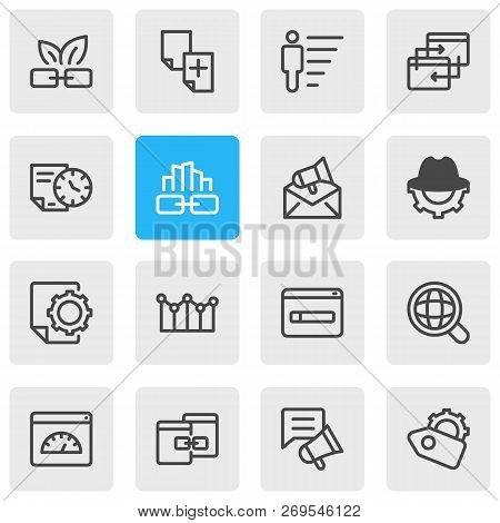 Illustration Of 16 Advertising Icons Line Style. Editable Set Of Duplicate Content, Related Content,