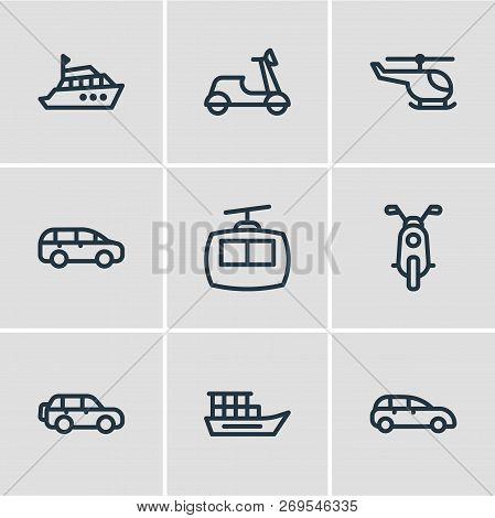 Illustration Of 9 Transit Icons Line Style. Editable Set Of Helicopter, Mpv, Suv And Other Icon Elem