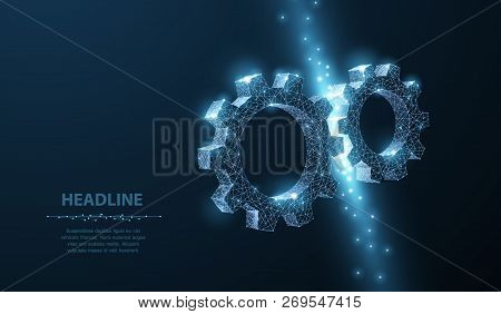 Gears. Abstract Vector Wireframe Two Gear 3d Modern Illustration On Dark Blue Background.
