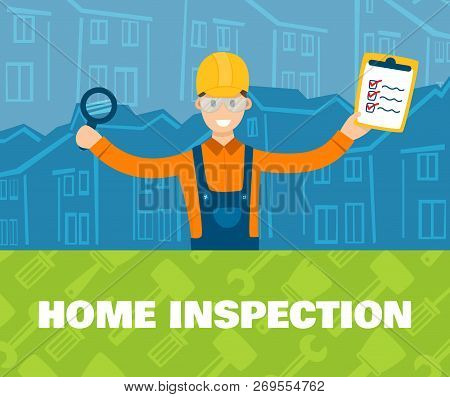 A Vector Illustration Of Home Inspector In Front